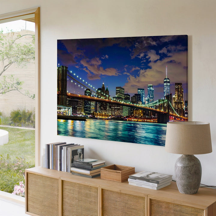 Brooklyn Bridge Night Canvas – Illuminated NYC Skyline over East River - Gifitto