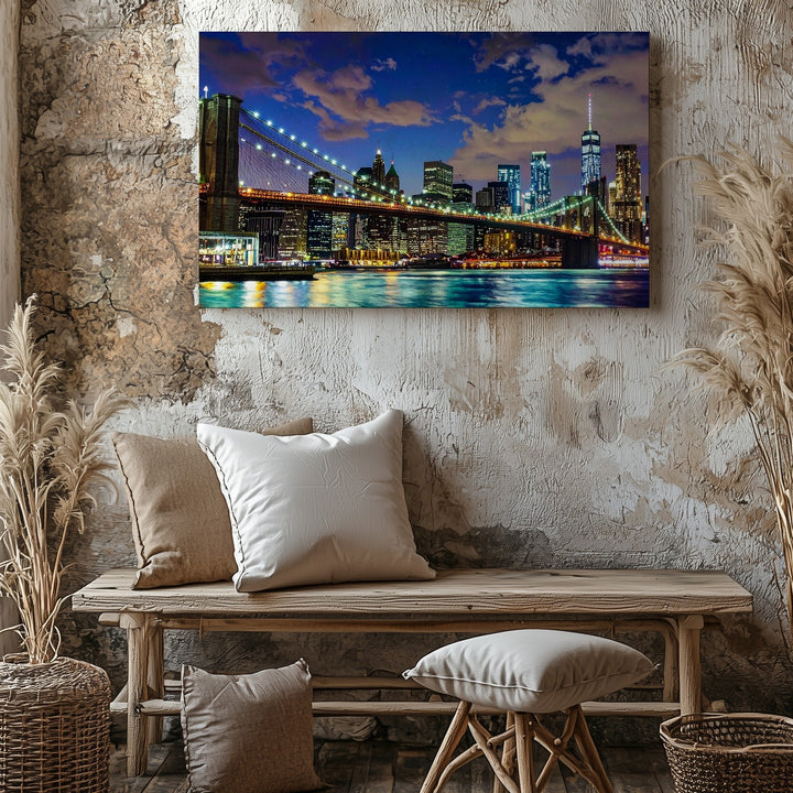 Brooklyn Bridge Night Canvas – Illuminated NYC Skyline over East River - Gifitto