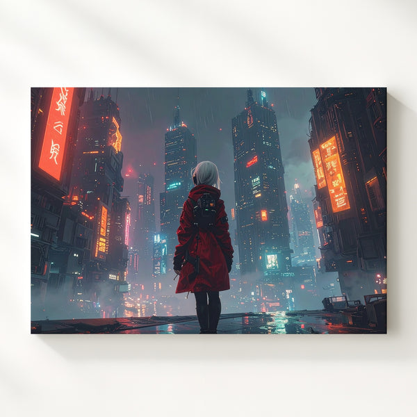 Cyber Sentinel Canvas – Futuristic Cityscape with Lone Figure & Neon Lights - Gifitto