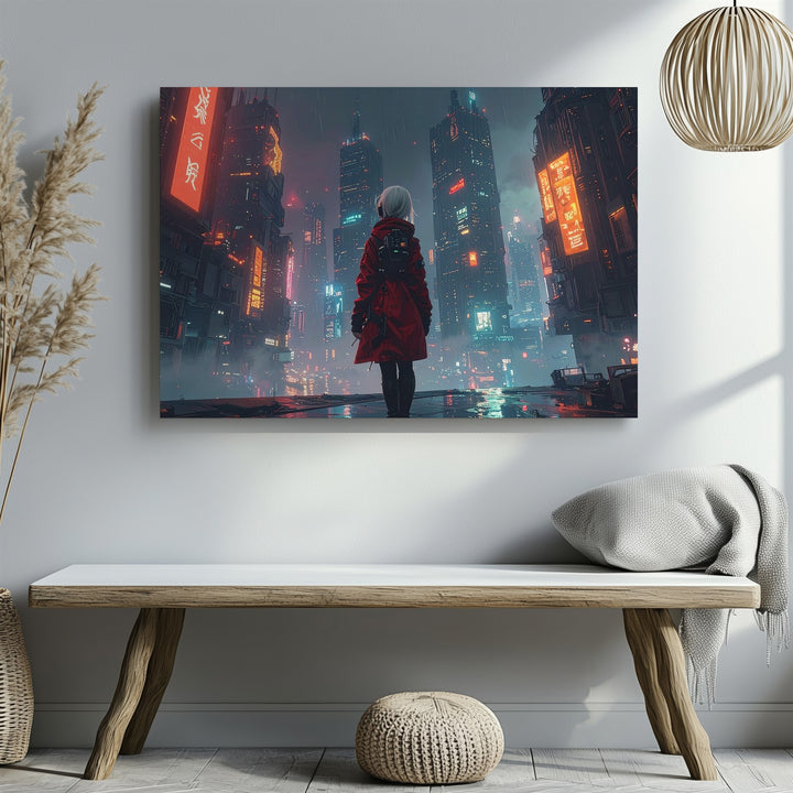 Cyber Sentinel Canvas – Futuristic Cityscape with Lone Figure & Neon Lights - Gifitto