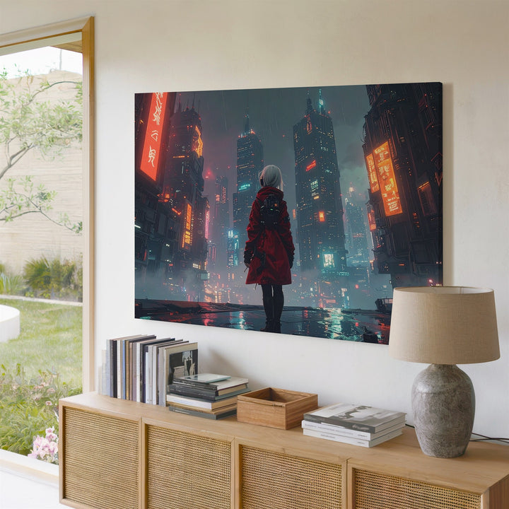 Cyber Sentinel Canvas – Futuristic Cityscape with Lone Figure & Neon Lights - Gifitto