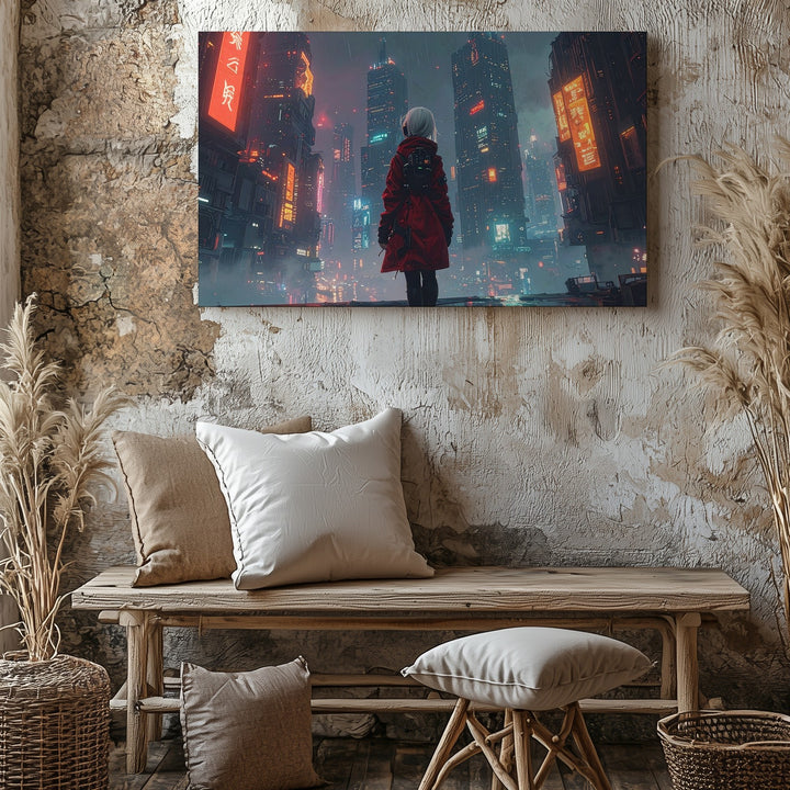 Cyber Sentinel Canvas – Futuristic Cityscape with Lone Figure & Neon Lights - Gifitto