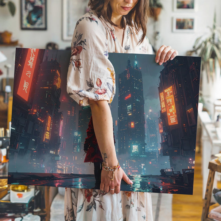 Cyber Sentinel Canvas – Futuristic Cityscape with Lone Figure & Neon Lights - Gifitto
