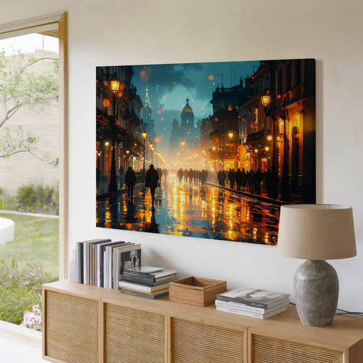 Golden Night Walk Canvas – Abstract City Street Reflections at Night - Gifitto
