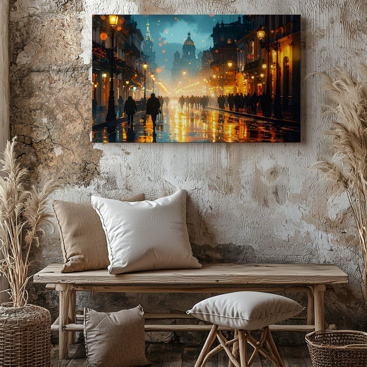 Golden Night Walk Canvas – Abstract City Street Reflections at Night - Gifitto