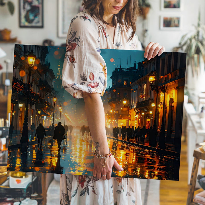 Golden Night Walk Canvas – Abstract City Street Reflections at Night - Gifitto