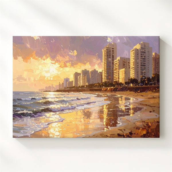 Sunset Shoreline City Canvas – Painterly Seascape with Modern Skyline - Gifitto