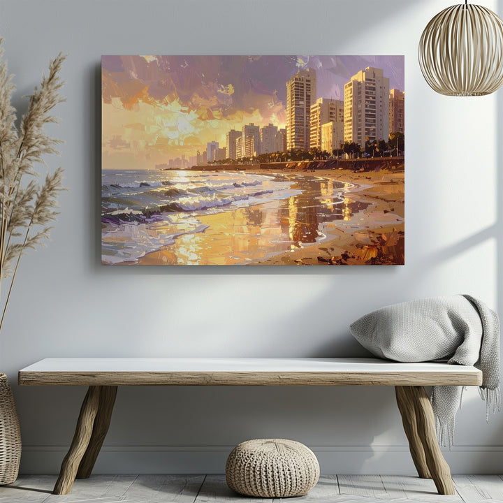 Sunset Shoreline City Canvas – Painterly Seascape with Modern Skyline - Gifitto