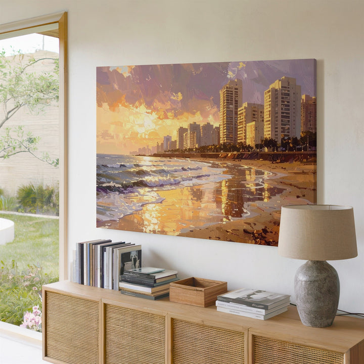Sunset Shoreline City Canvas – Painterly Seascape with Modern Skyline - Gifitto