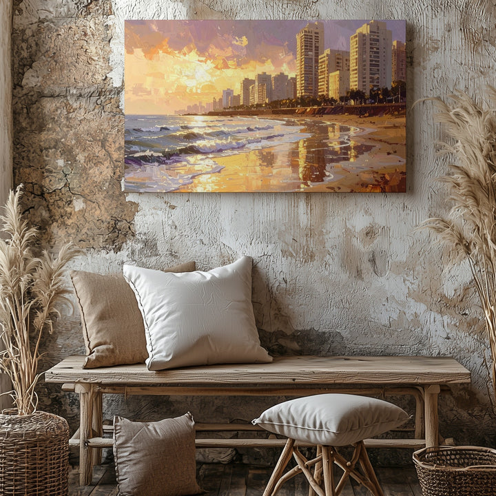 Sunset Shoreline City Canvas – Painterly Seascape with Modern Skyline - Gifitto