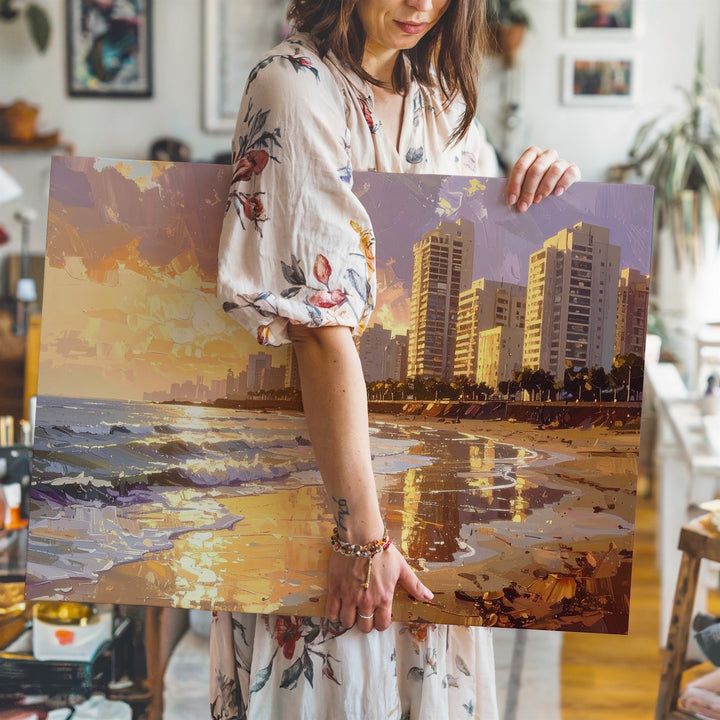 Sunset Shoreline City Canvas – Painterly Seascape with Modern Skyline - Gifitto