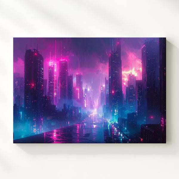 Neon Veil City Canvas – Futuristic Cyberpunk Skyline in Pink and Blue - Gifitto