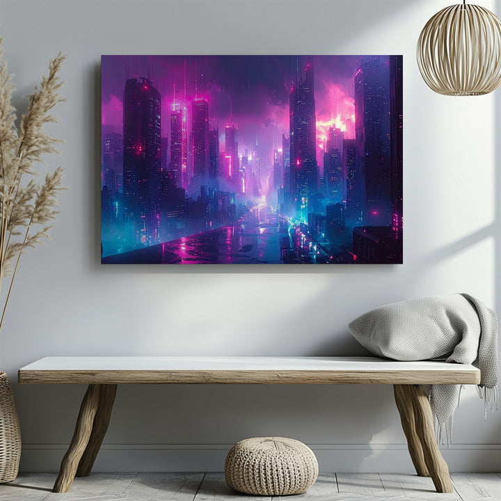 Neon Veil City Canvas – Futuristic Cyberpunk Skyline in Pink and Blue - Gifitto