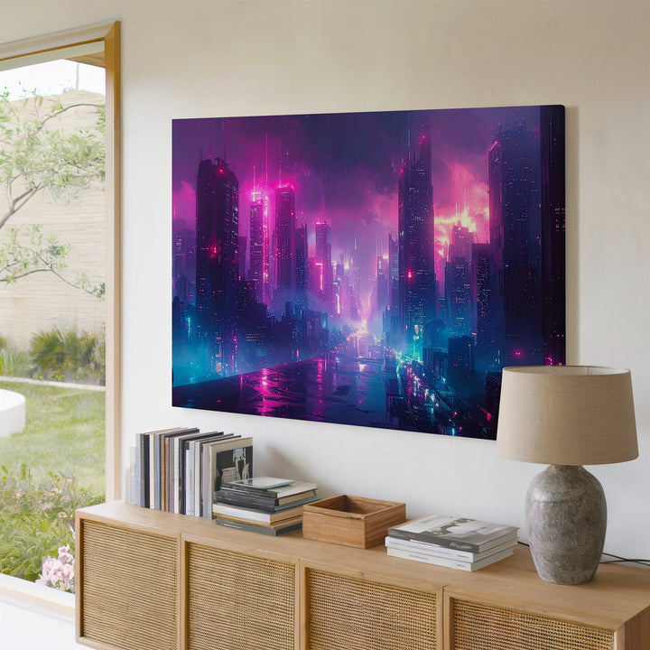 Neon Veil City Canvas – Futuristic Cyberpunk Skyline in Pink and Blue - Gifitto