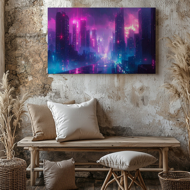 Neon Veil City Canvas – Futuristic Cyberpunk Skyline in Pink and Blue - Gifitto