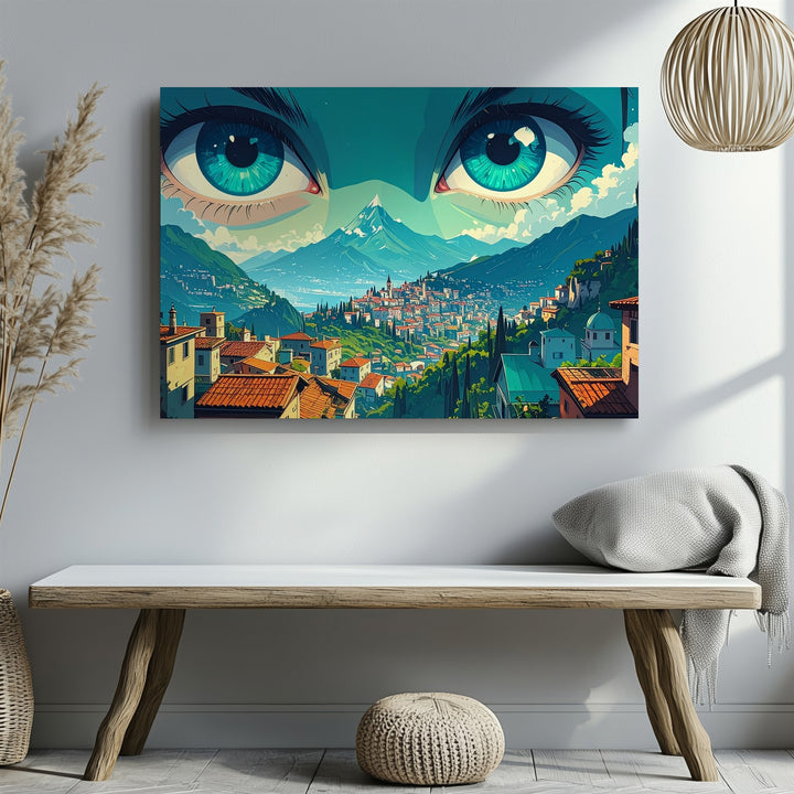 Eyes of the Valley Canvas – Surreal Landscape with Turquoise Gaze - Gifitto