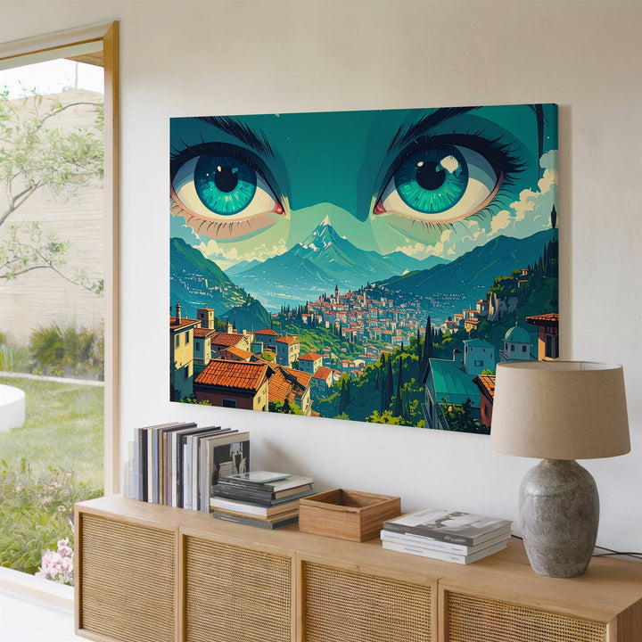 Eyes of the Valley Canvas – Surreal Landscape with Turquoise Gaze - Gifitto