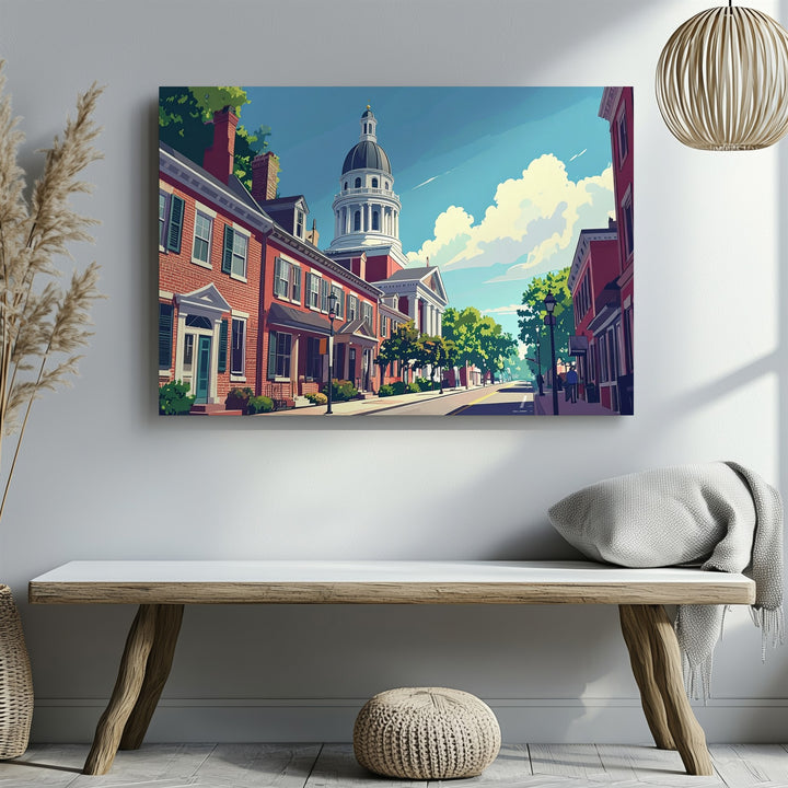 Colonial Main Street Canvas – Sunny Small-Town Americana Scene - Gifitto