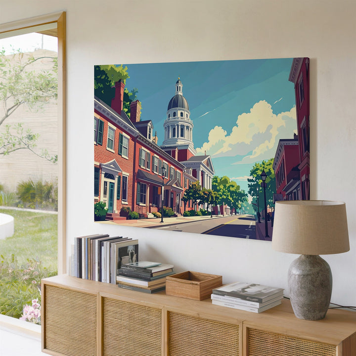 Colonial Main Street Canvas – Sunny Small-Town Americana Scene - Gifitto