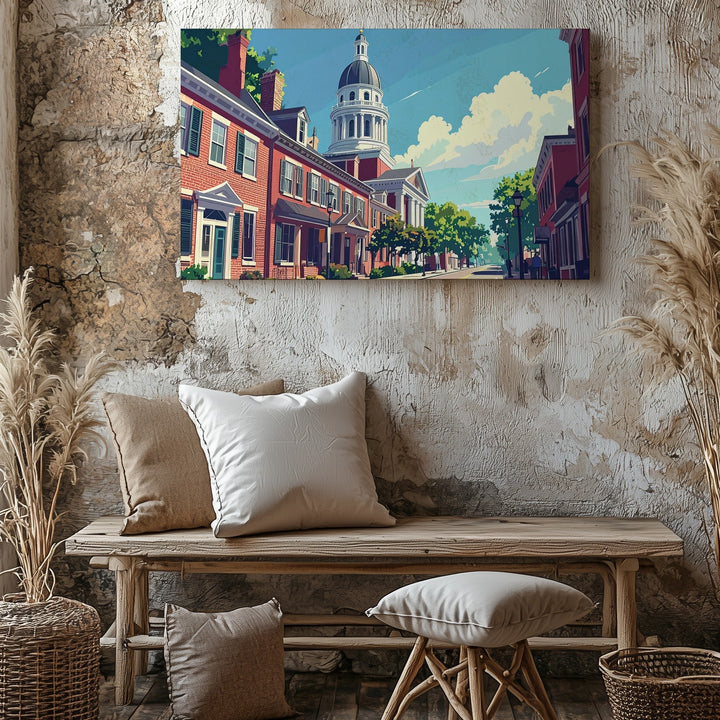 Colonial Main Street Canvas – Sunny Small-Town Americana Scene - Gifitto