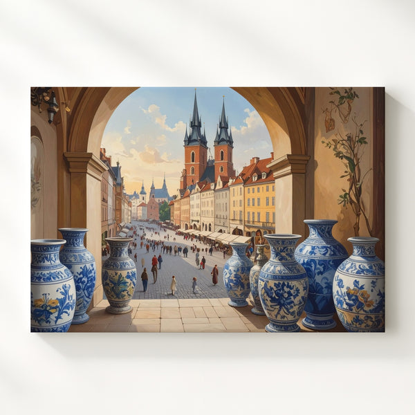 Golden Hour Archway Canvas – European Plaza View with Baroque Ceramics - Gifitto