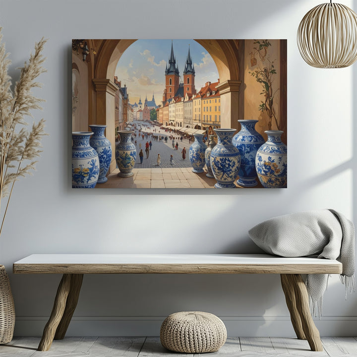 Golden Hour Archway Canvas – European Plaza View with Baroque Ceramics - Gifitto