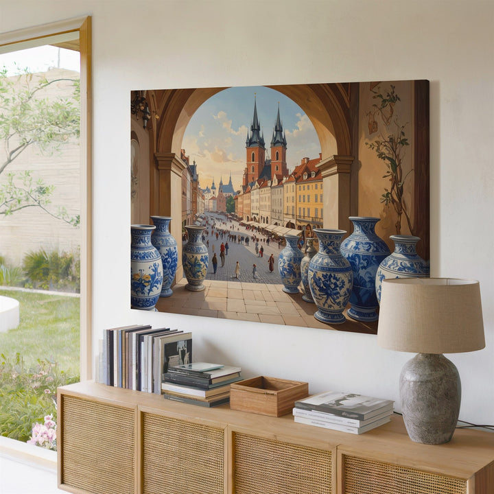 Golden Hour Archway Canvas – European Plaza View with Baroque Ceramics - Gifitto