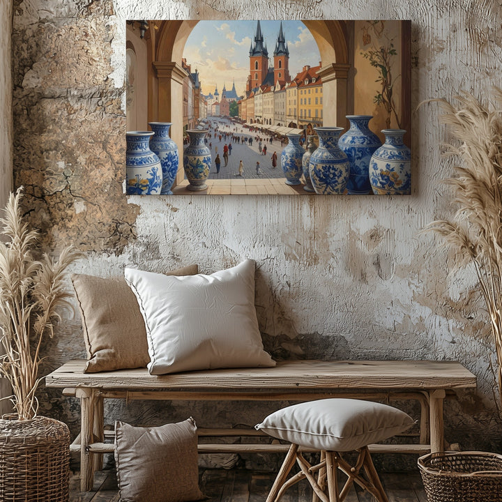 Golden Hour Archway Canvas – European Plaza View with Baroque Ceramics - Gifitto