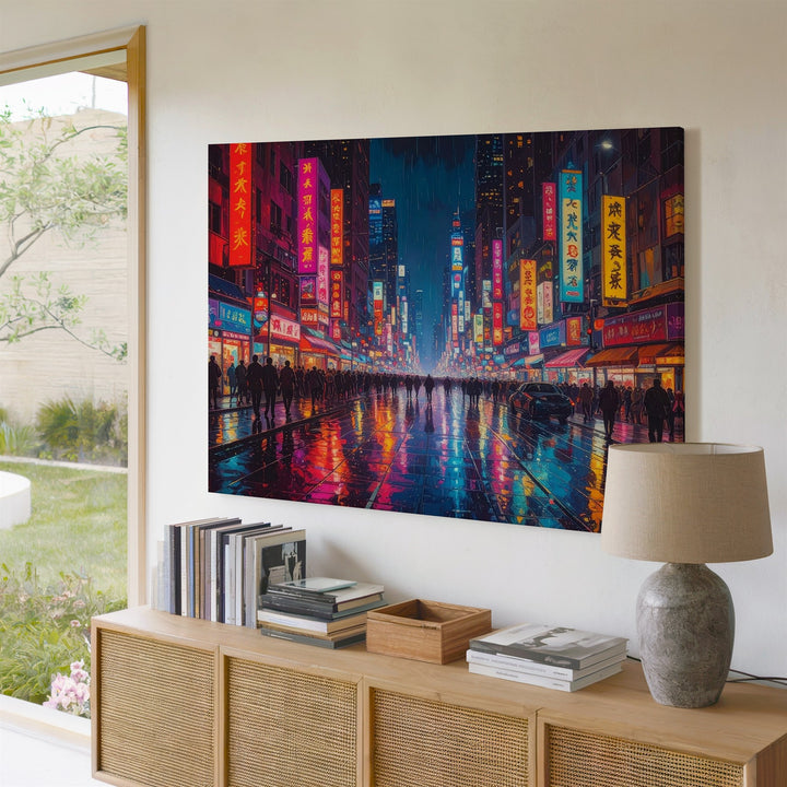 Neon Alley Rush Canvas – Cyberpunk Night Scene in Futuristic Asian Metropolis - Gifitto