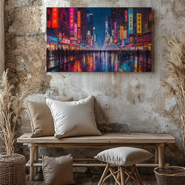 Neon Alley Rush Canvas – Cyberpunk Night Scene in Futuristic Asian Metropolis - Gifitto