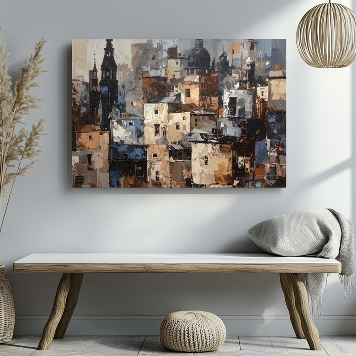Cubist Skyline Canvas – Textured Cityscape with Domes and Spires - Gifitto