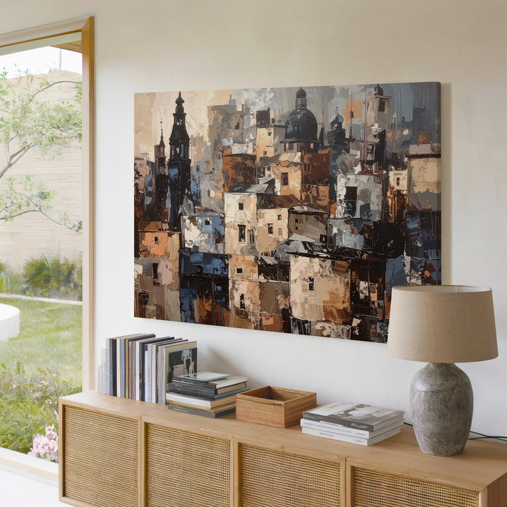 Cubist Skyline Canvas – Textured Cityscape with Domes and Spires - Gifitto