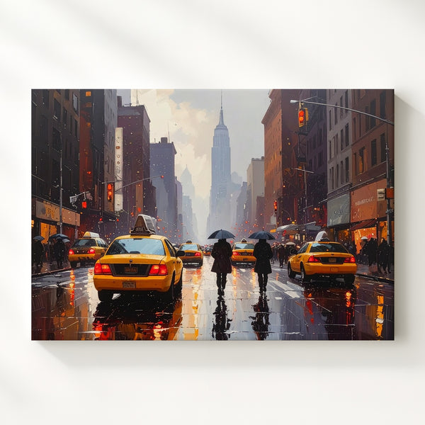 Rainy Metropolis Canvas – Cinematic City Street with Yellow Taxi Reflections - Gifitto