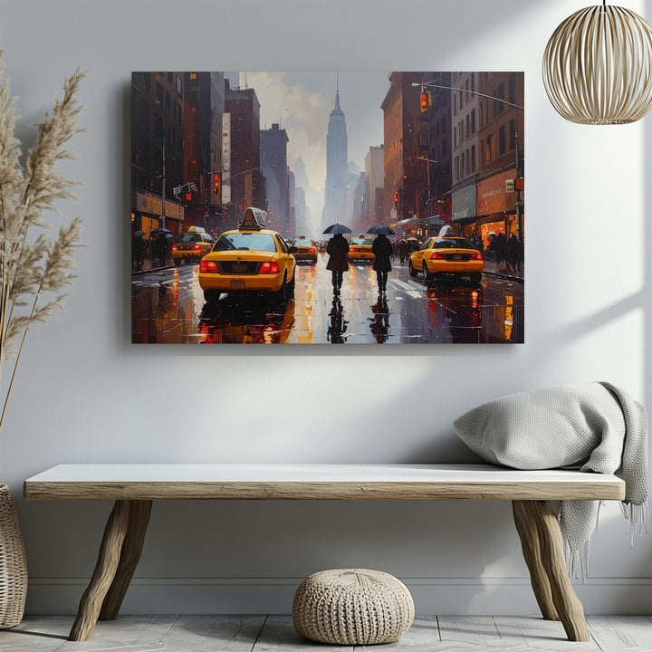 Rainy Metropolis Canvas – Cinematic City Street with Yellow Taxi Reflections - Gifitto