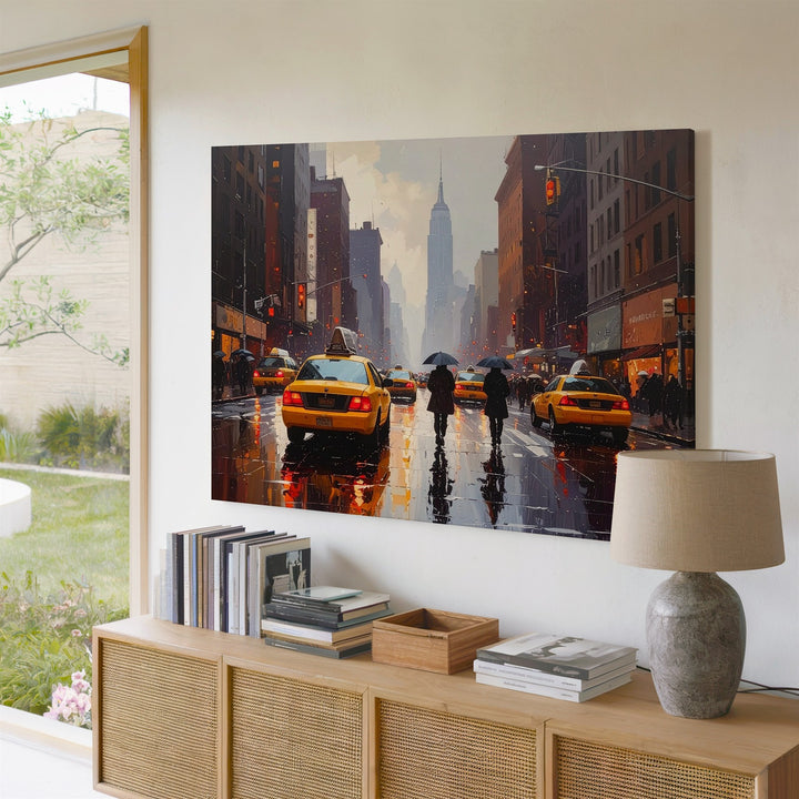 Rainy Metropolis Canvas – Cinematic City Street with Yellow Taxi Reflections - Gifitto