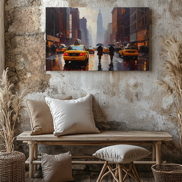 Rainy Metropolis Canvas – Cinematic City Street with Yellow Taxi Reflections - Gifitto