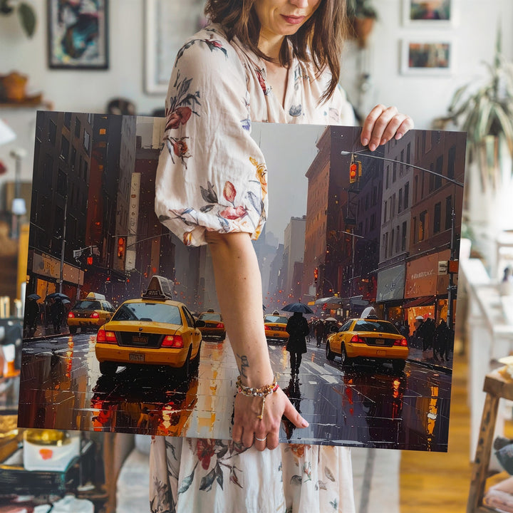 Rainy Metropolis Canvas – Cinematic City Street with Yellow Taxi Reflections - Gifitto