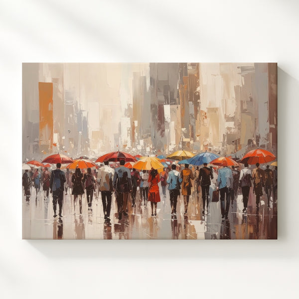 Umbrella Crowd Canvas – Impressionist Rainy City Street with Bold Colors - Gifitto