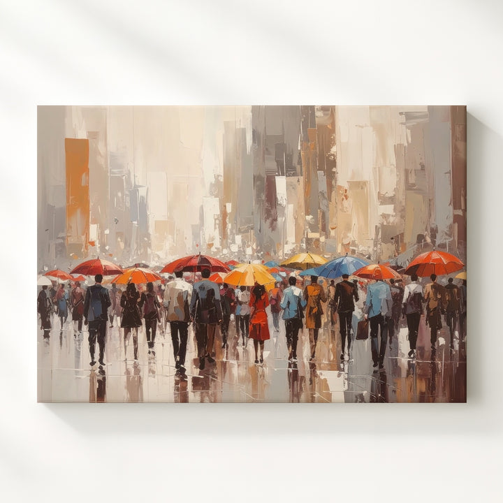 Umbrella Crowd Canvas – Impressionist Rainy City Street with Bold Colors - Gifitto