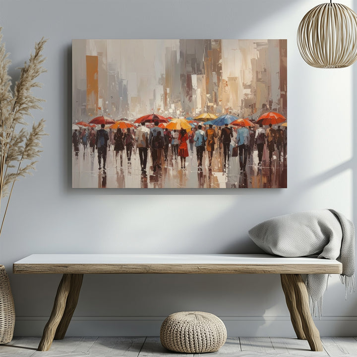 Umbrella Crowd Canvas – Impressionist Rainy City Street with Bold Colors - Gifitto