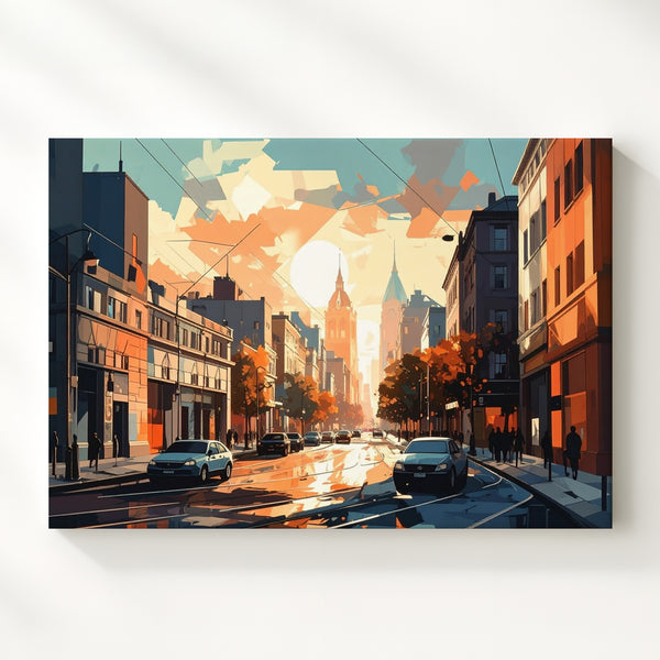 Sunset Geometry Canvas – Minimalist Urban Street Scene in Vector Style - Gifitto