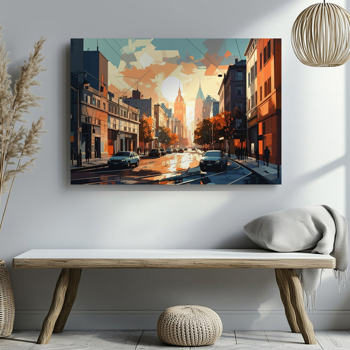 Sunset Geometry Canvas – Minimalist Urban Street Scene in Vector Style - Gifitto