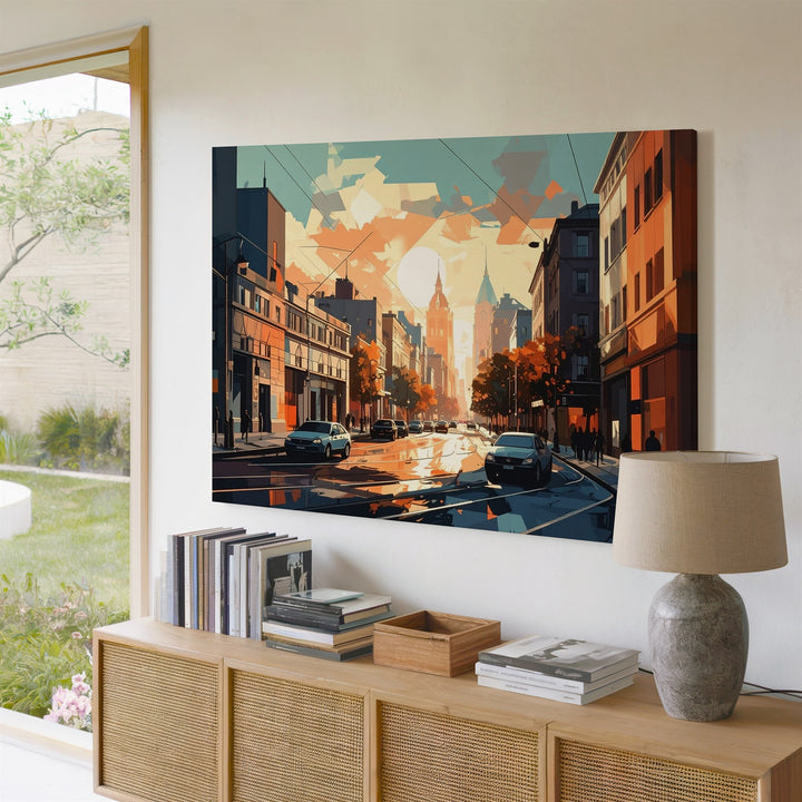 Sunset Geometry Canvas – Minimalist Urban Street Scene in Vector Style - Gifitto