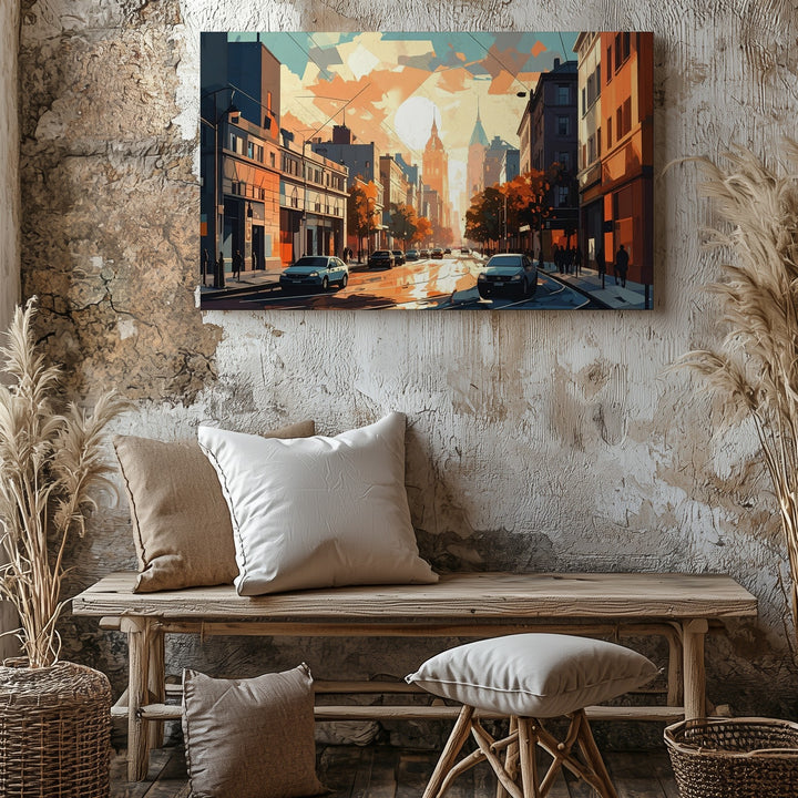 Sunset Geometry Canvas – Minimalist Urban Street Scene in Vector Style - Gifitto