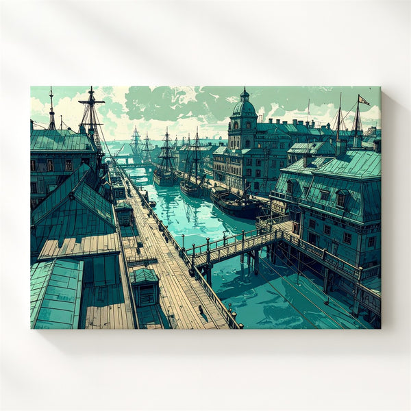 Teal Port City Canvas – Stylized Maritime Scene with Vintage Architecture - Gifitto
