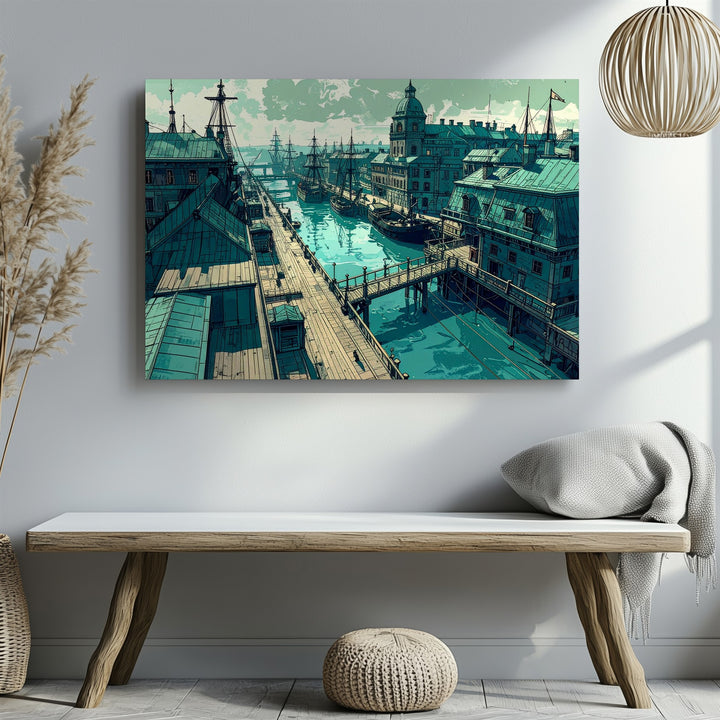 Teal Port City Canvas – Stylized Maritime Scene with Vintage Architecture - Gifitto