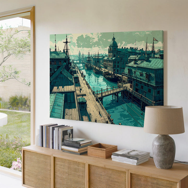Teal Port City Canvas – Stylized Maritime Scene with Vintage Architecture - Gifitto