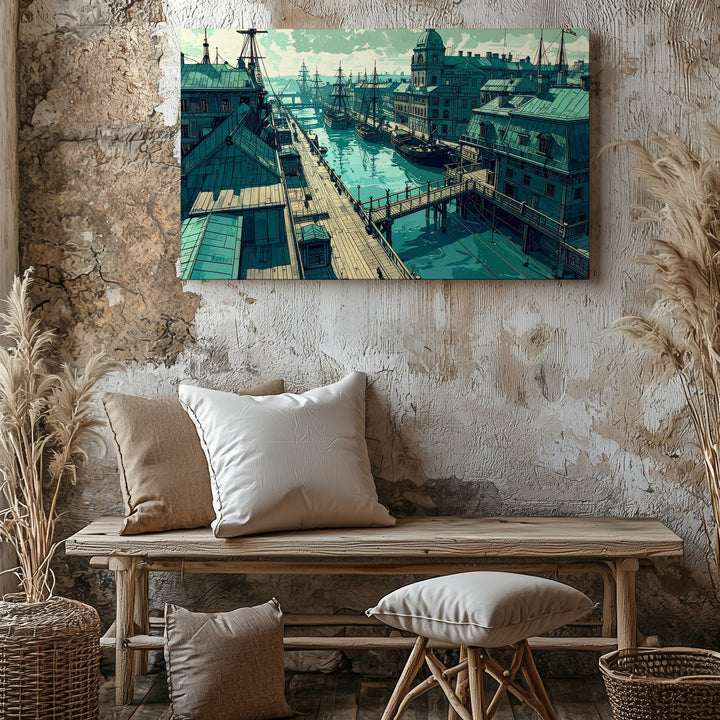 Teal Port City Canvas – Stylized Maritime Scene with Vintage Architecture - Gifitto