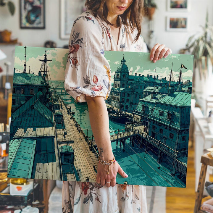 Teal Port City Canvas – Stylized Maritime Scene with Vintage Architecture - Gifitto