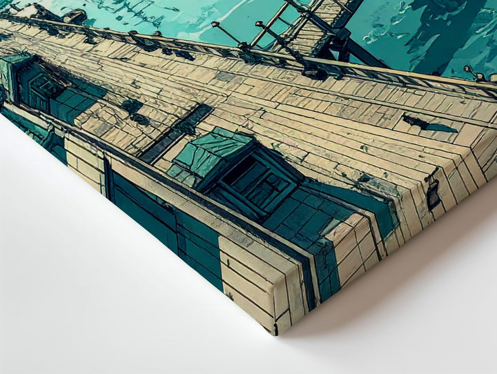 Teal Port City Canvas – Stylized Maritime Scene with Vintage Architecture - Gifitto